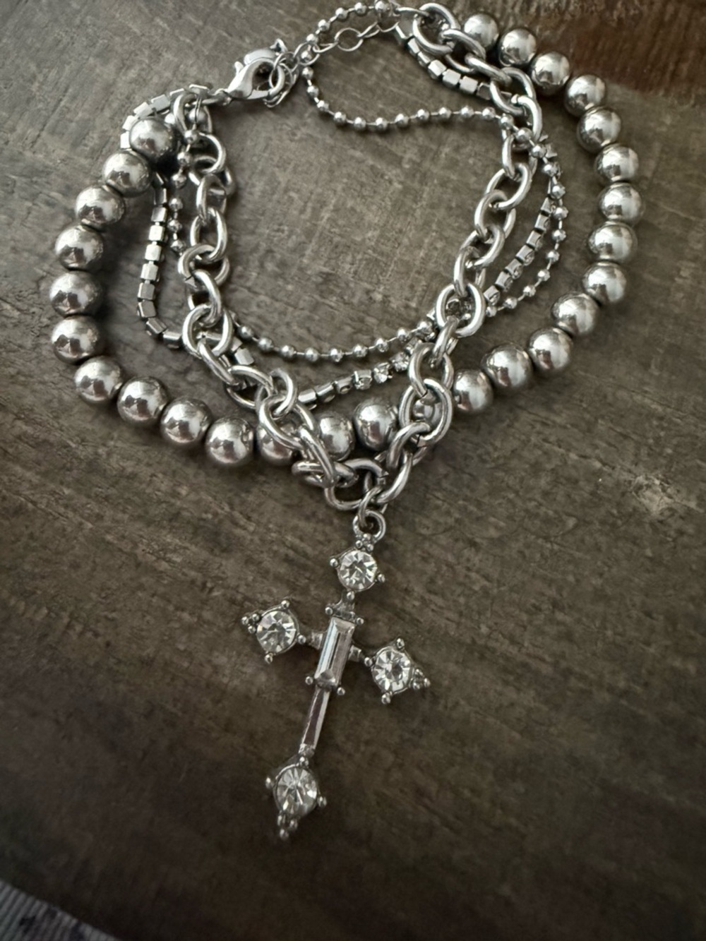 Sterling-Tone Cross Pendant Multi-Chain Bracelet - Silver